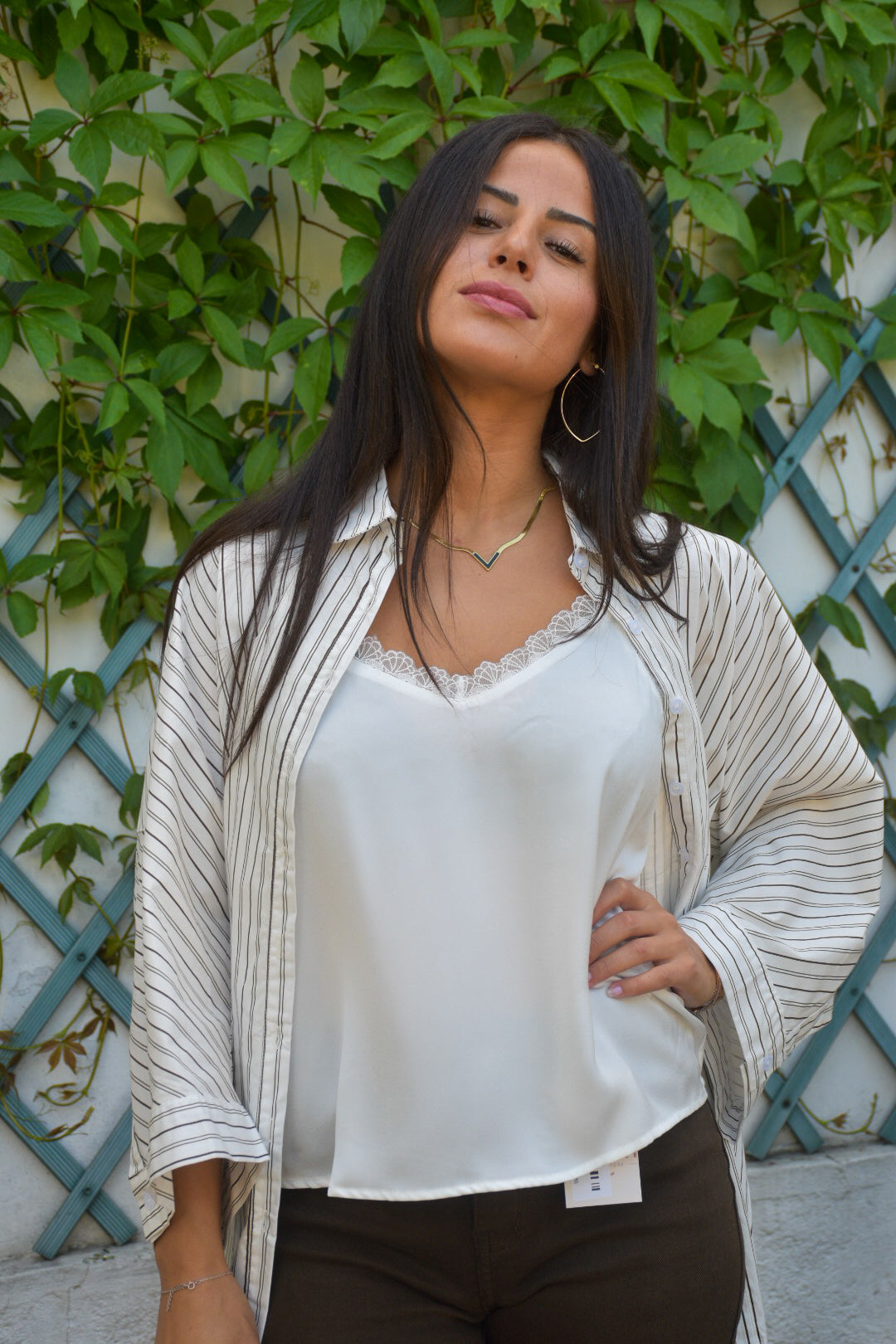 Chemise Oversize Rayée Écru