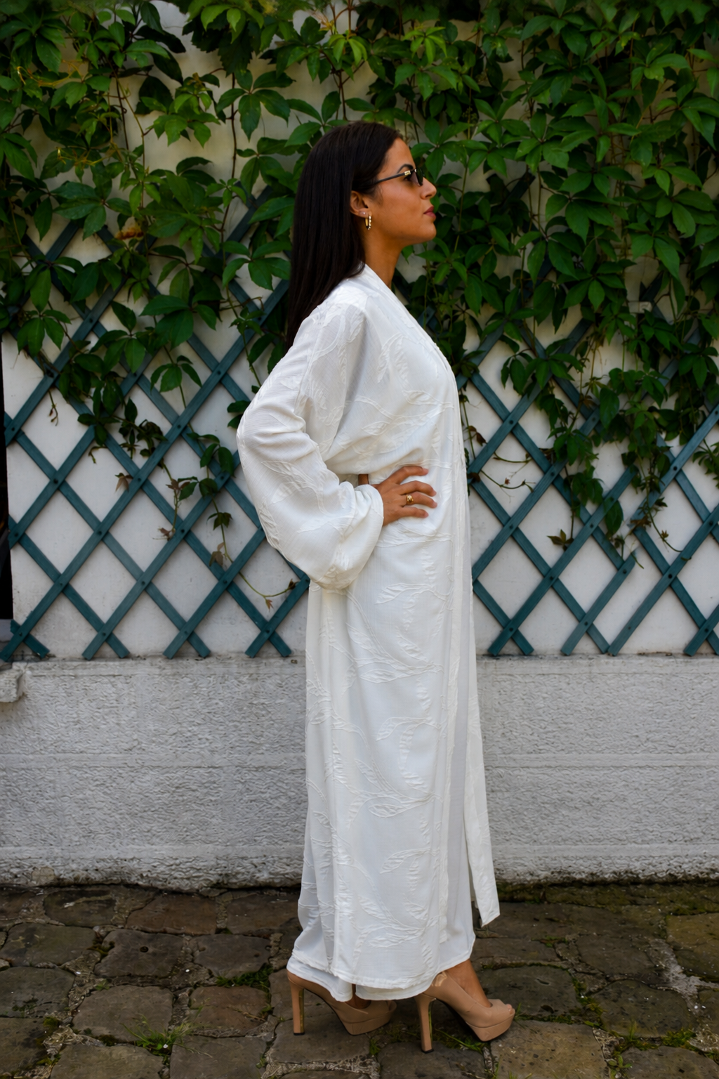 Ensemble robe sans manches & kimono long blanc texturé