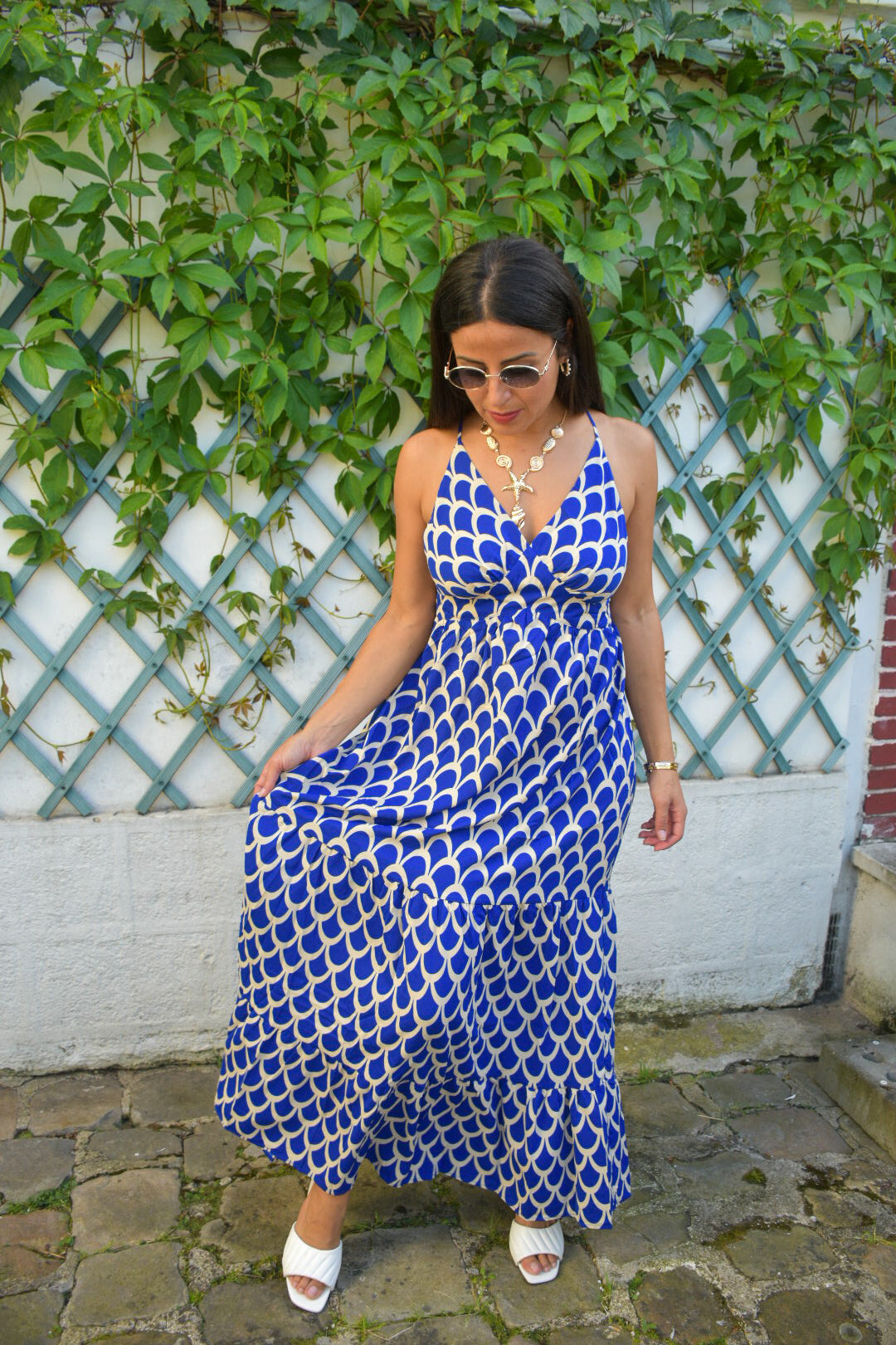 Robe longue imprimée bleu royal & beige