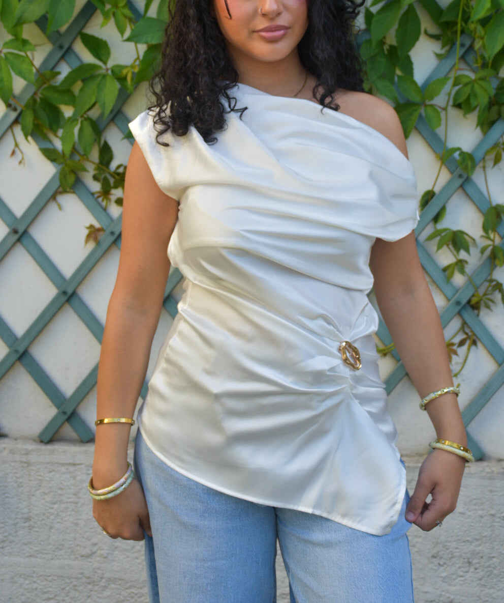 Top satiné asymétrique blanc