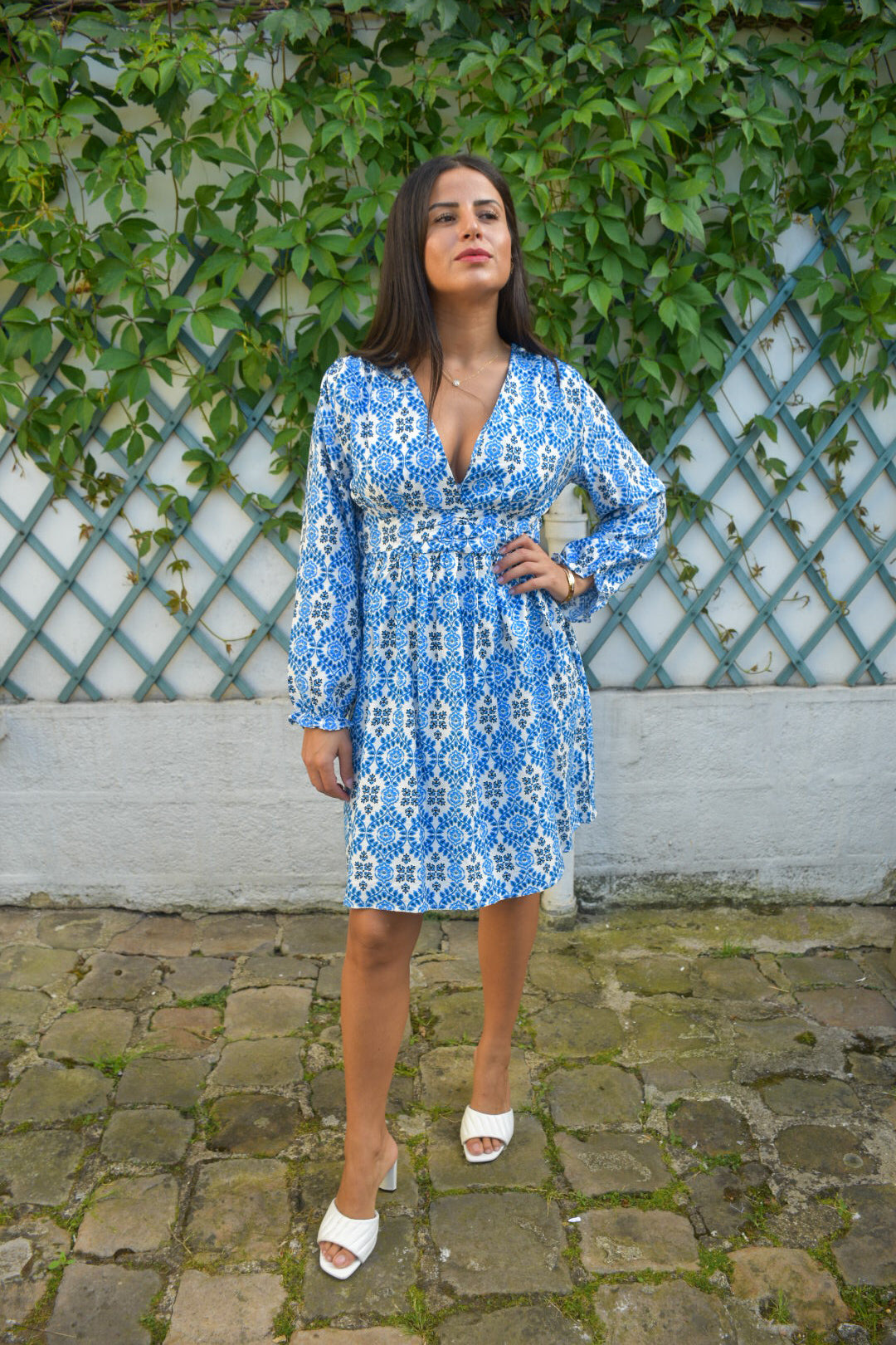 Robe courte imprimée bleu & blanc