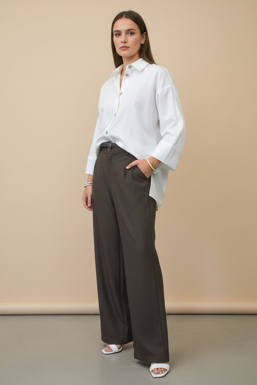 Pantalon Palazzo Chocolat Taille Haute avec Ceinture