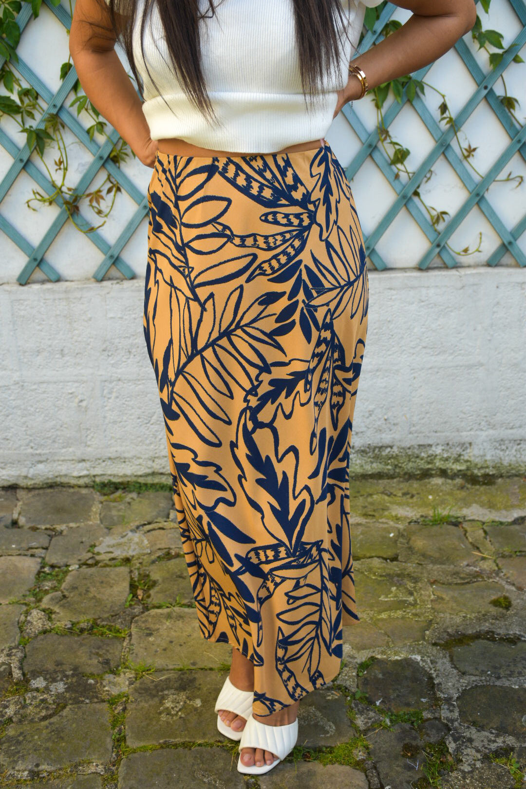 Jupe longue imprimée camel & bleu marine